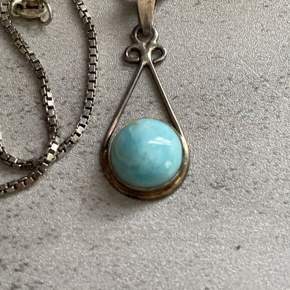 Cabochon Polished Amazonite Sterling Silver Pendant Necklace Box Chain 10" Drop - Picture 4 of 7